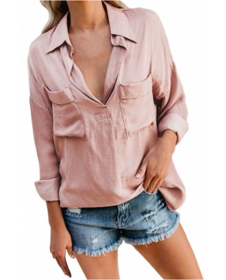 V Neck Casual Full Sleeve Blouse Pink