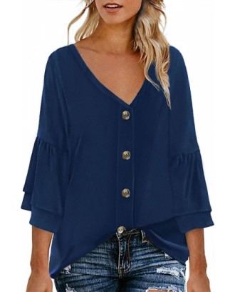 Button Front Ruffle Sleeve Blouse Navy Blue