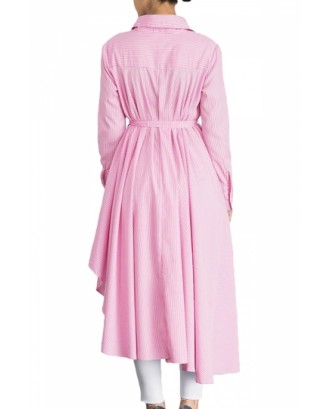 Womens Lapel Strip Belt High Low Ruffle Long Sleeve Blouse Pink