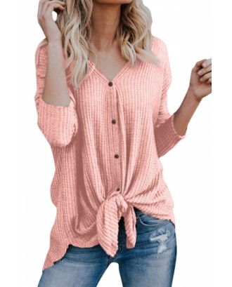 Long Sleeve V Neck Button Down Tie Bottom Loose Plain Blouse Pink