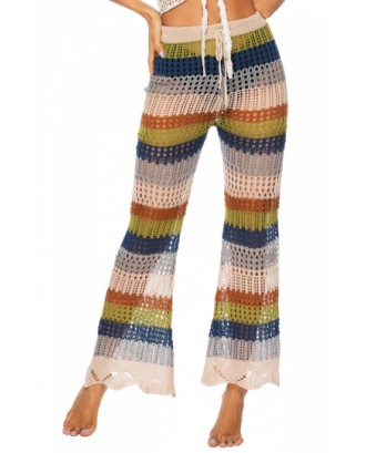 Color Striped Crochet Bootcut Pants Navy Blue