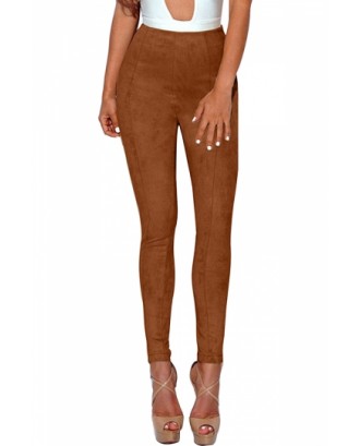 Faux Suede High Waisted Skinny Plain Pants Brown