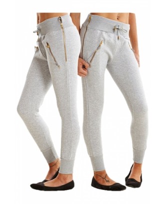 Womens Zipper Tight Drawstring Sports Wear Pants Light Gray