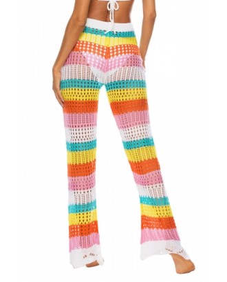 Drawstring Color Striped Crochet Straight Pants
