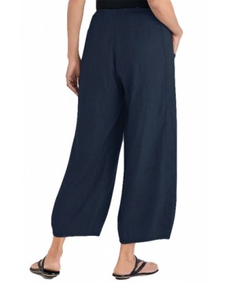 Plus Size Plain Linen Loose Pants Navy Blue
