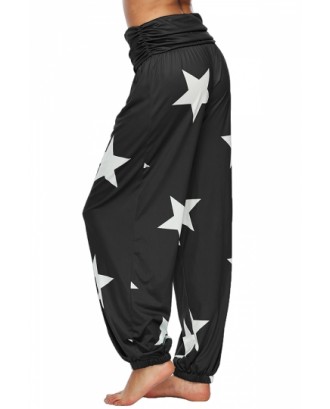 Plus Size Loose Elastic Waist Star Print Pleated Pants Black