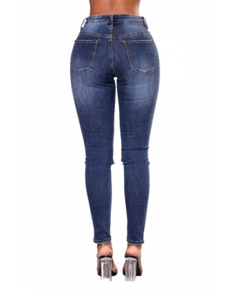 Plus Size Mid Rise Ripped Cut Out Pearls Jeans Blue
