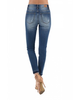 Skinny Ripped Leopard Print Patchwork Jeans Blue