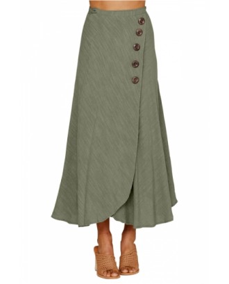 Side Button Wrap Casual Maxi Skirt Green