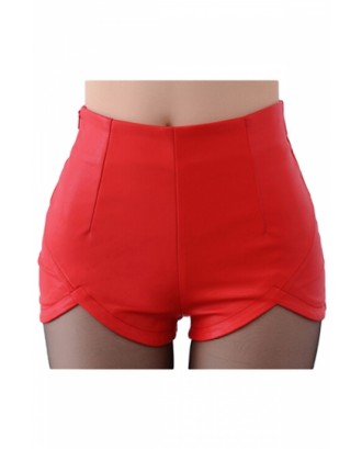 Womens Skinny High Waisted Asymmetric Hem Zipper Leather Shorts Red