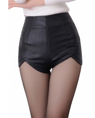 Womens Skinny High Waisted Asymmetric Hem Zipper Leather Shorts Black