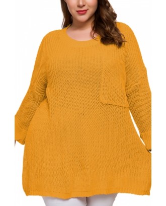 Plus Size Plain Pullover Sweater With Pocket Yellow