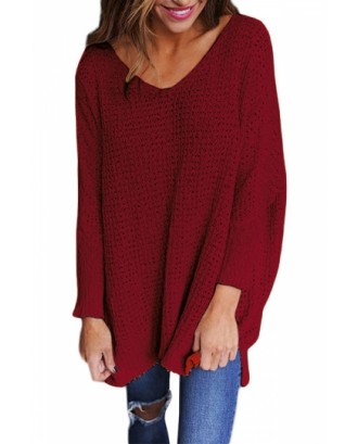 Plus Size V Neck Loose Plain Long Sleeve Sweater Watermelon Red