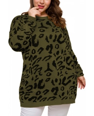Plus Size Leopard Pullover Sweater Crew Neck Olive