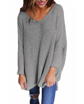 Plus Size V Neck Long Sleeve Loose Plain Sweater Gray