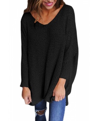 Plus Size V Neck Long Sleeve Plain Loose Sweater Black