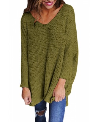 Plus Size V Neck Long Sleeve Loose Plain Sweater Olive