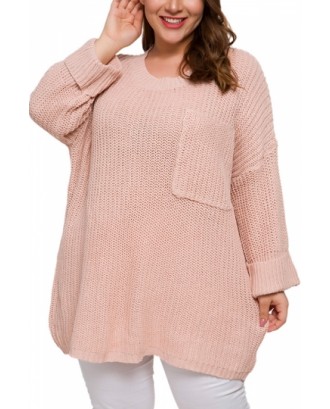 Plus Size Crew Neck Pullover Sweater Pink