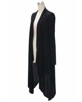Womens Trendy Plain Long Sleeve Irregular Long Maxi Cardigan Black