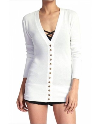 Long Sleeve Cardigan With Snap Button White