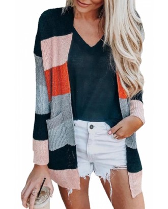 Color Block Cardigan With Pocket Red