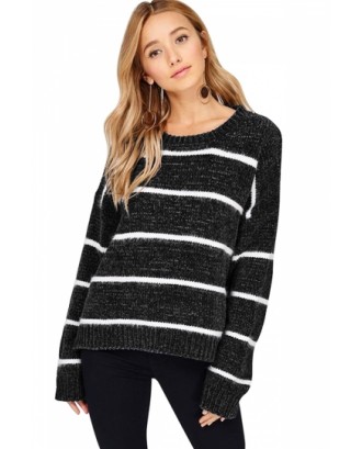 Crew Neck Long Sleeve Striped Sweater Black