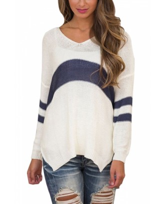 Fashion V Neck Long Sleeve Color Block High Low Loose Sweater White