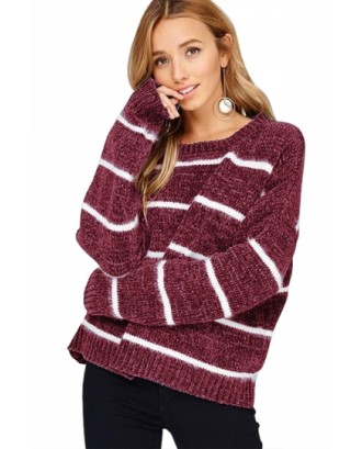 Striped Long Sleeve Crew Neck Sweater Ruby