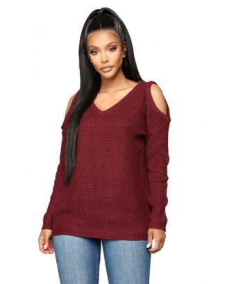 V Neck Cut Out Plain Drop Shoulder Sweater Ruby