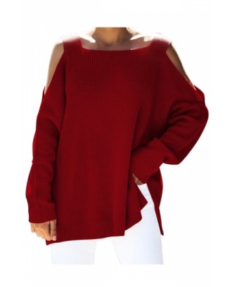 Square Neck Cold Shoulder Plain Loose Sweater Red