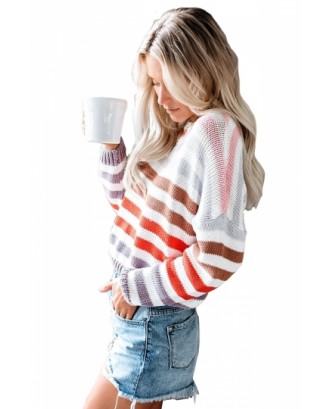 Drop Shoulder Color Striped Long Sleeve Sweater Pink