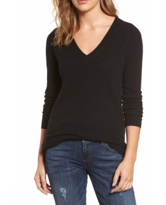 Womens V-Neck Long Sleeve Plain Pullover Sweater Black