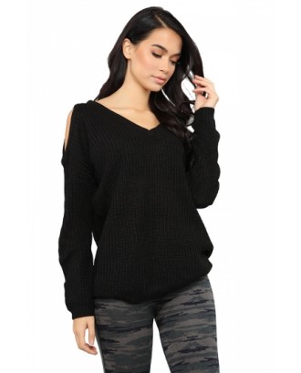 Drop Shoulder V Neck Cut Out Plain Sweater Black